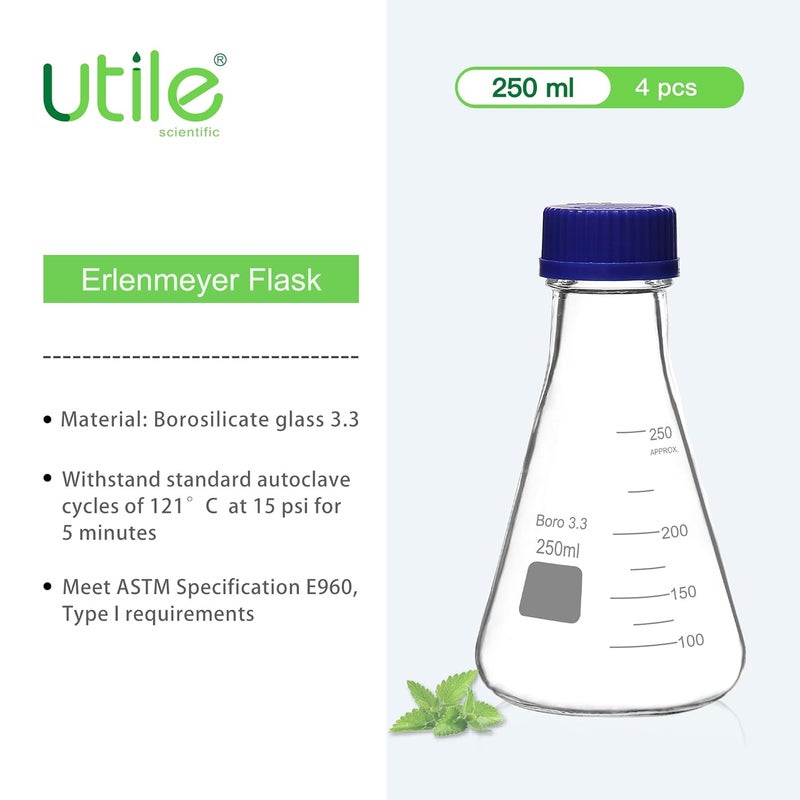 UTILE 4 Pcs 250ml Glass Erlenmeyer Flask with Blue Cap, Narrow Mouth Erlenmeyer Flasks, Borosilicate 3.3 Glass Conical Flask for Lab Experiment Chemistry Science,4016.0752.4 - Image 3